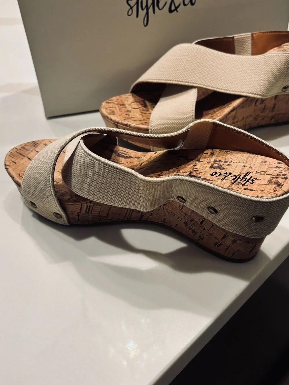 Style & Co. Beige Canvas Cork Platform Wedges